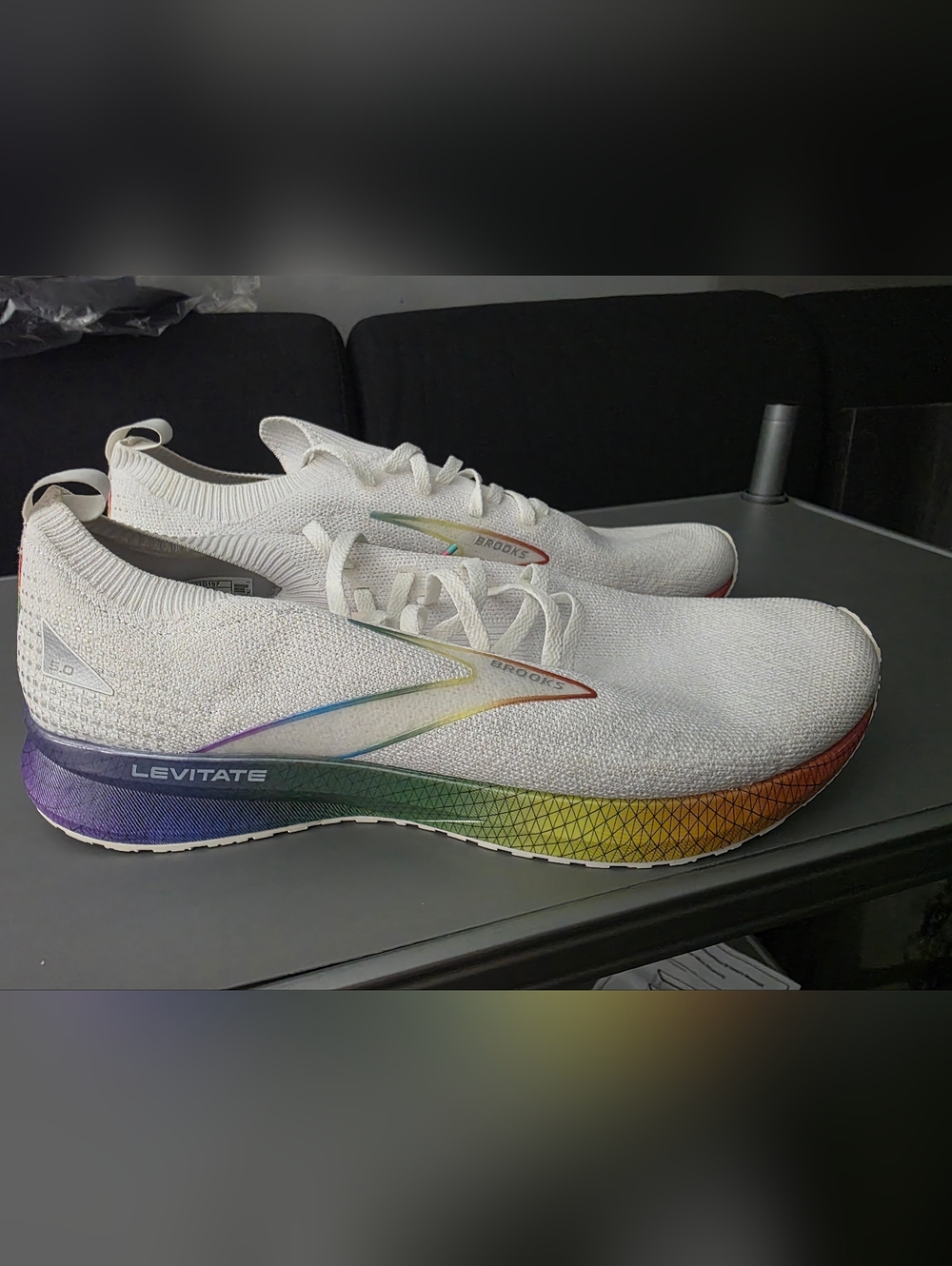 BROOKS Men's White Running Shoes with Rainbow Accents
